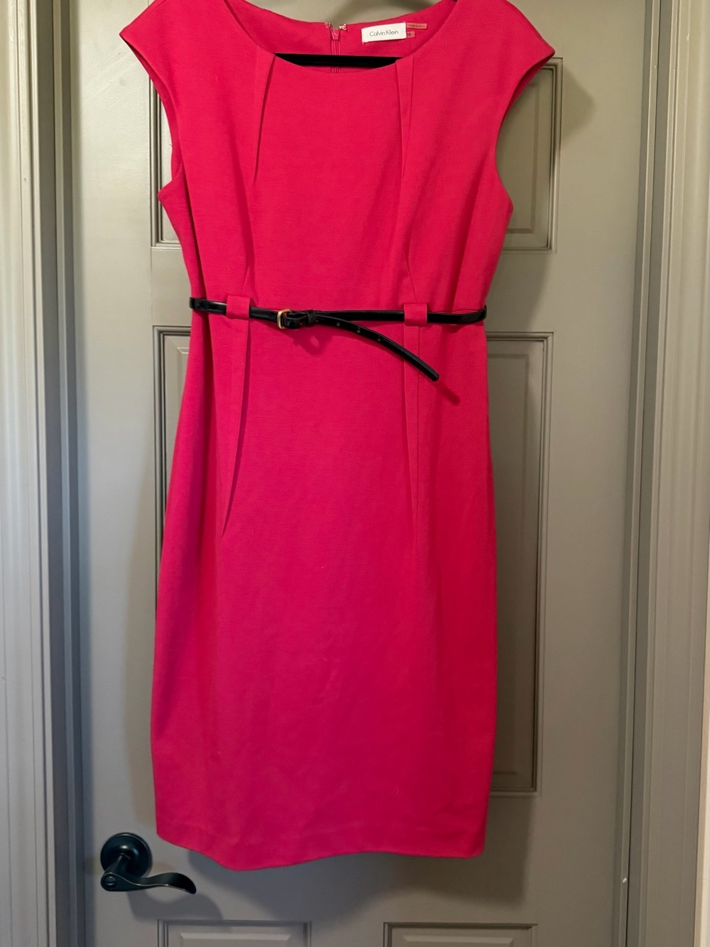 Calvin Klein Hot Pink Cap-Sleeve Sheath with Slim Black Belt Size 10